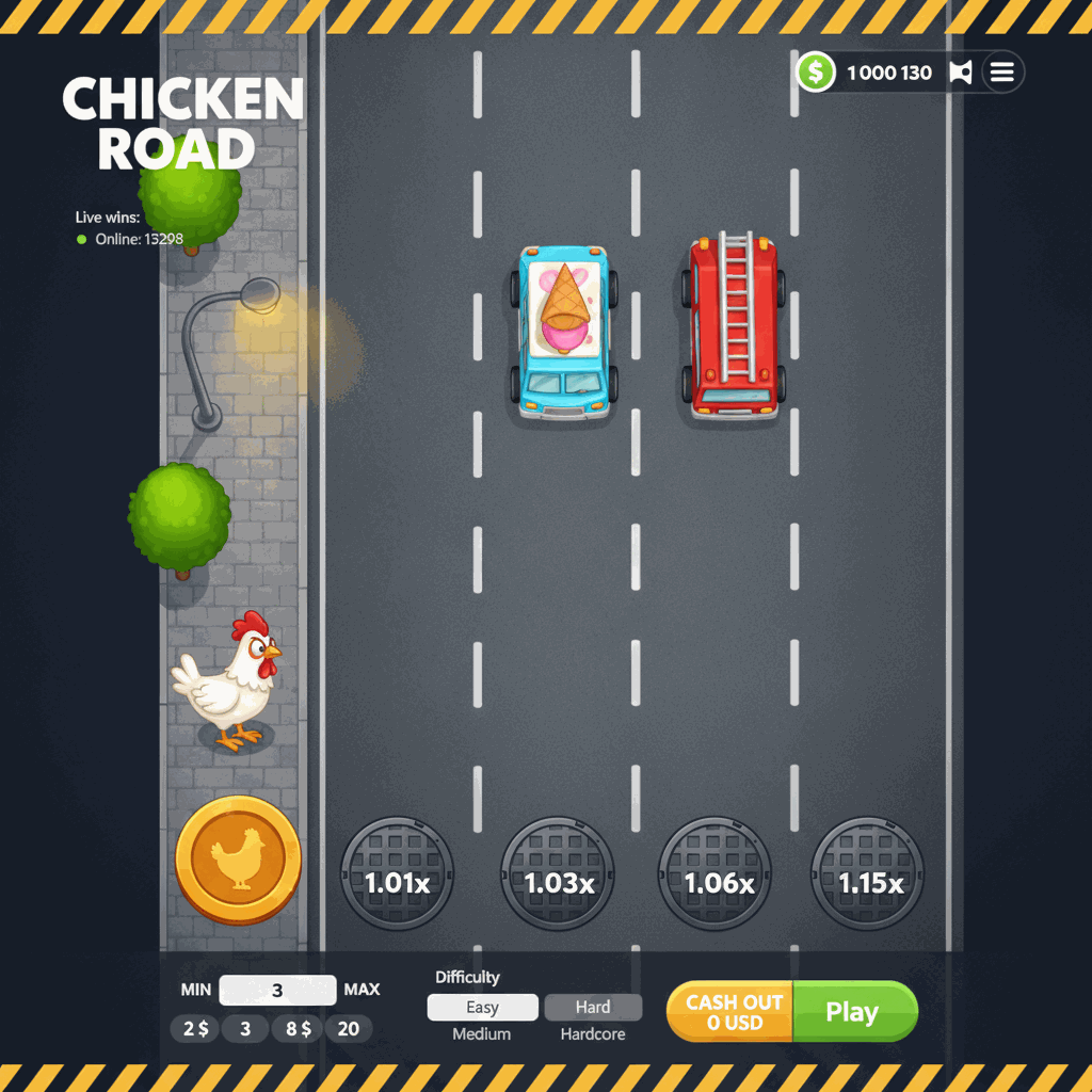 Schermata di gioco Chicken Road che mostra un pollo cartoon bianco sulla corsia di sinistra di una strada a più corsie vista dall'alto, con linee tratteggiate bianche che dividono le corsie grigie, chiusini circolari con moltiplicatori come 1.01x e 1.03x, pannello di controllo in basso con pulsanti di puntata e opzioni di difficoltà, e ticker di vincite live nell'angolo in alto a sinistra